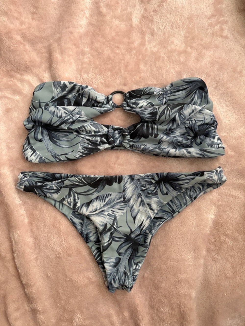 Mikoh Tropical Leaf Print Bandeau Bikini Set - Sage Green & Charcoal